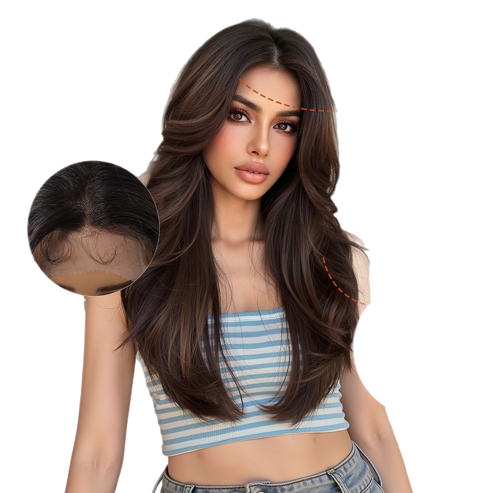 13*6 peluca de encaje de área grande, capa de viento perezoso diario, degradado, marrón oscuro, cabello medio largo, cubierta de fibra química completa