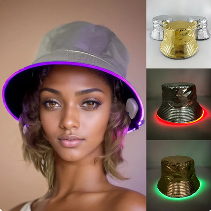 Europa y los Estados Unidos nuevo oro y plata LED de dos colores sombrero de pescador luminoso sombrero al aire libre ocio plegable sombrero luminoso de fiesta