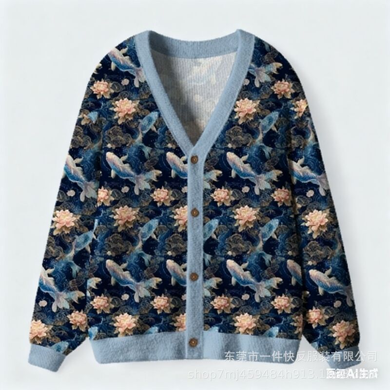 Cross-Border Independent Website New Men's Cardigan Sweater with Floral Cartoon Animal Print, Autumn V-Neck Long-Sleeve Men's Top