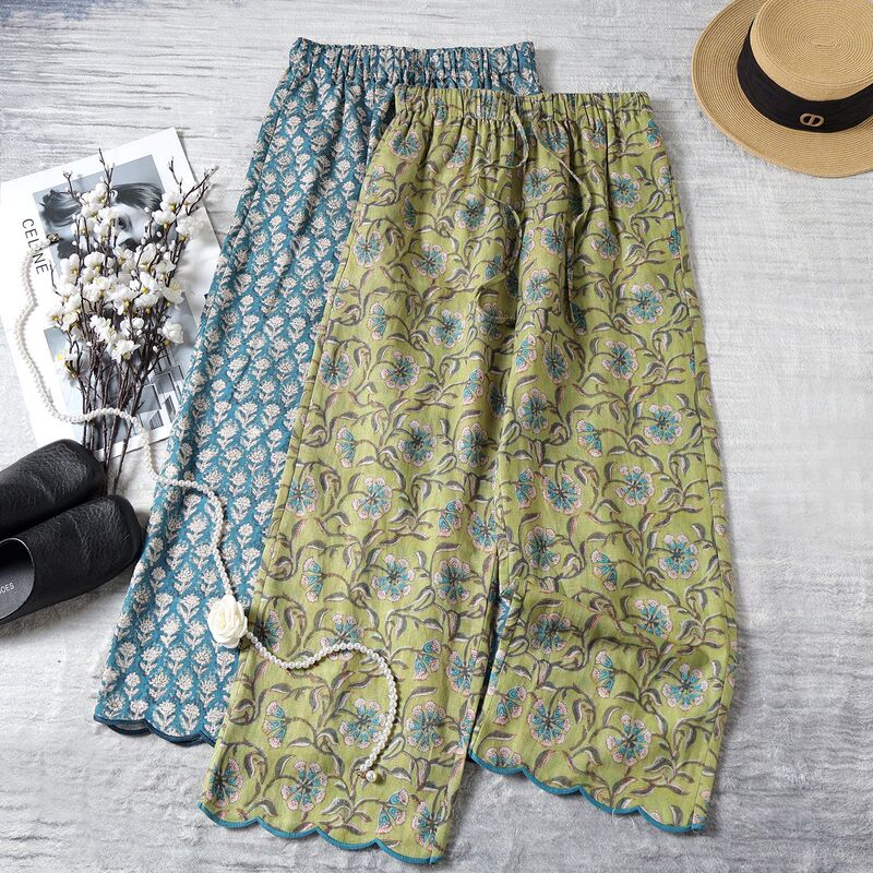 Nanyou Linen Paisley Wide-Leg Pants for Women, Elastic Waist, Loose Fit, Slimming, Ruffled Cropped Pants, Casual Pants, Summer Trend