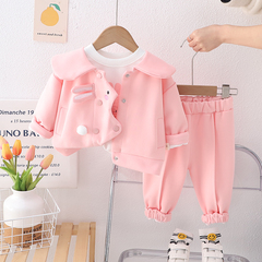 女童春裝套裝洋氣運動裝2024新款女寶寶春秋款外套長袖衛衣三件套