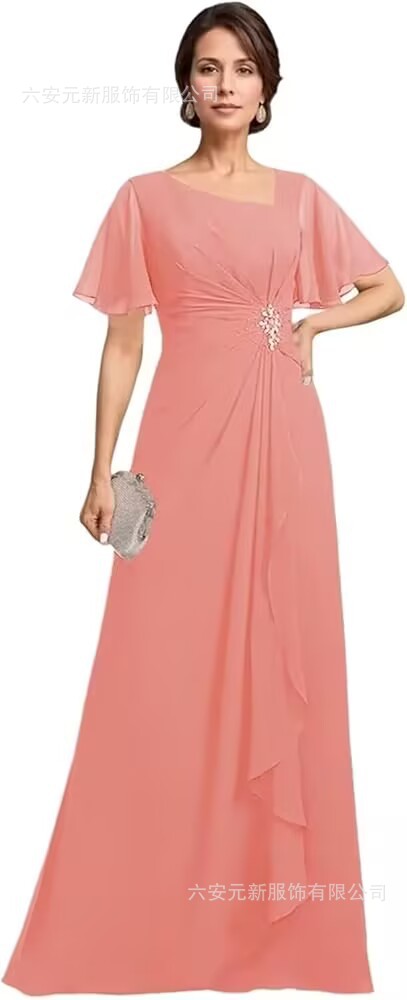 Vestido de novia de gasa de Amazon vestido de madre mariposa de manga corta plisada larga aplicación vestido de invitado de boda