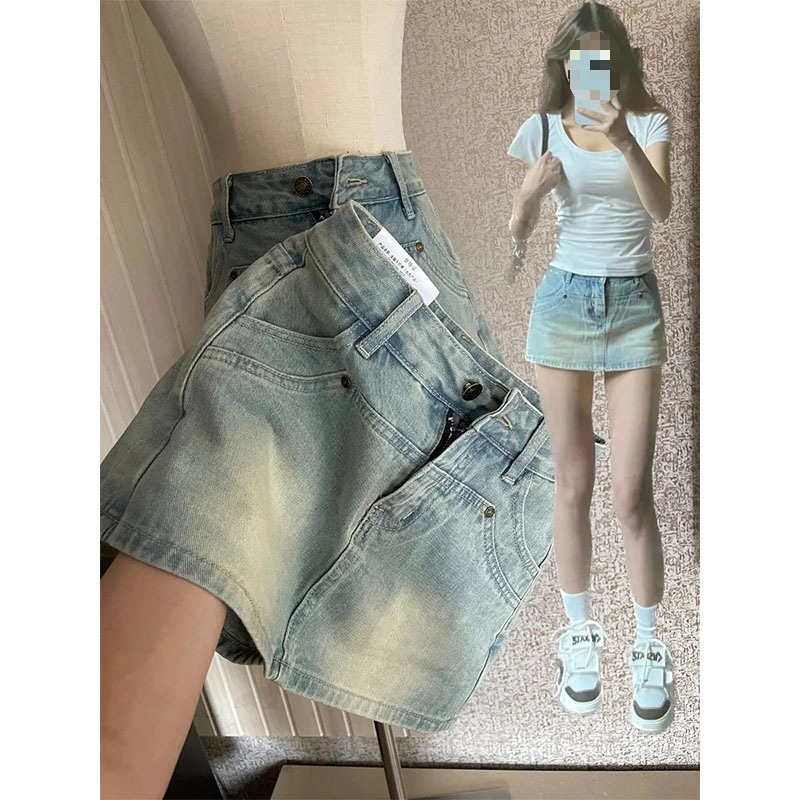アメリカンレトロデニムスカートパンツ女性のための夏の2025新しいaラインスリムで多用途のホットガールヒップカバーショートパンツスカート|undefined