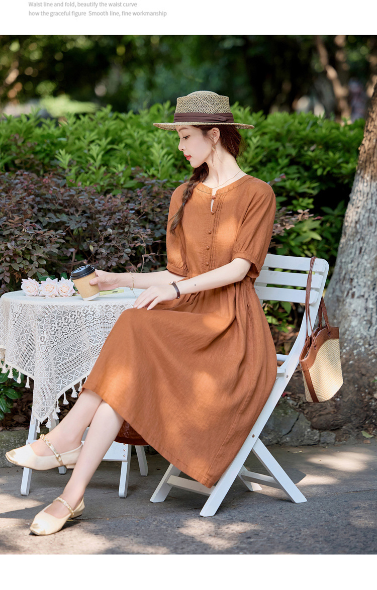 Đầm maxi nữ thắt eo cotton linen 2025 form rộng thanh lịch — màu sắc, Xanh lông mòng đen chi tiết 18