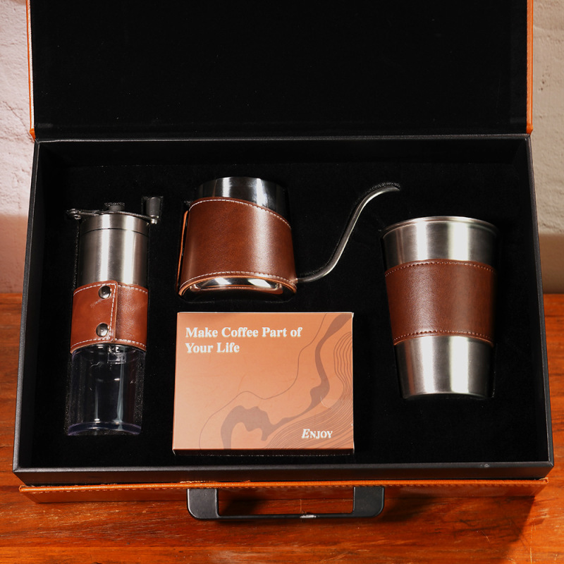 Stainless Steel Coffee Cup, Light Luxury and High-End Leather Coffee Maker Set, Bank Gift for Clients, Manual Coffee Machine
