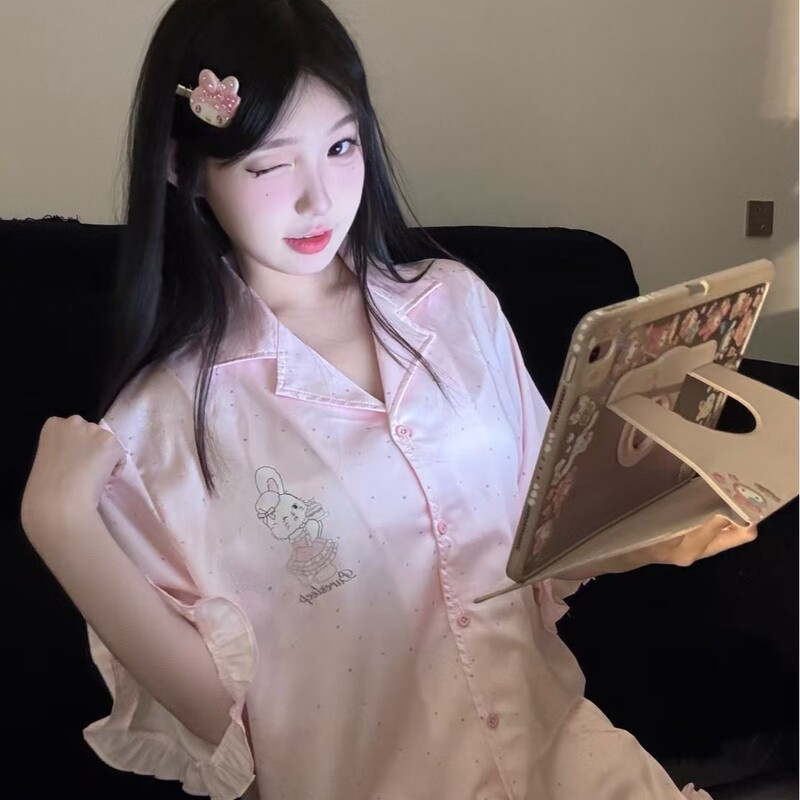 [Rabbit Ear Tea Party Three-Piece Set] Pajamas Summer New Sweet Colorful Polka Dot Ice Silk Women's Short-Sleeved Shorts Home Clothes