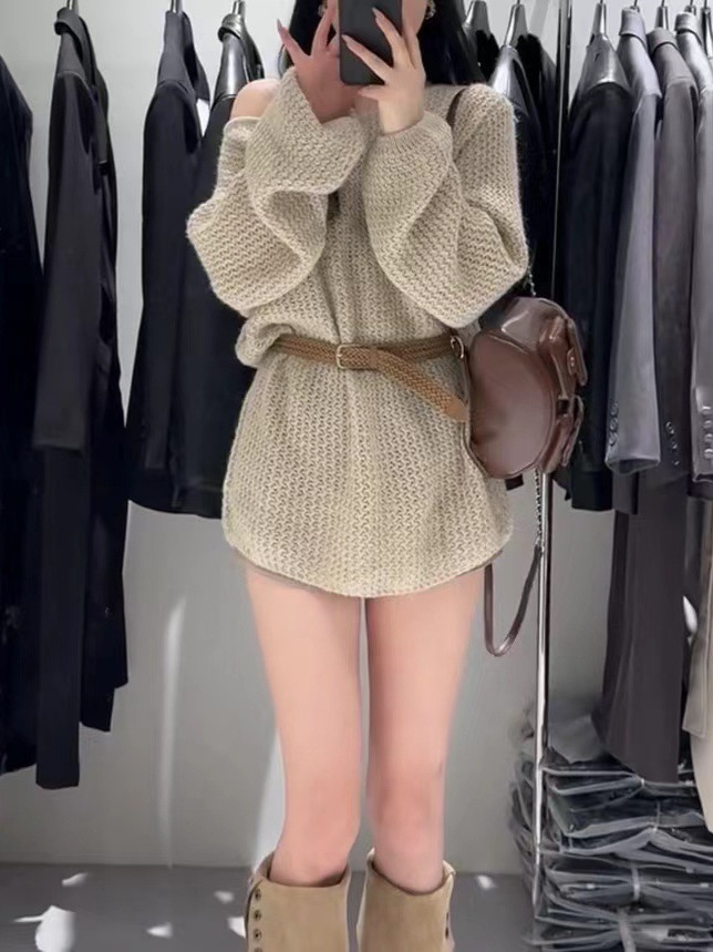Suéter Calado de Longitud Media para Mujer, Cuello Redondo, para Otoño e Invierno