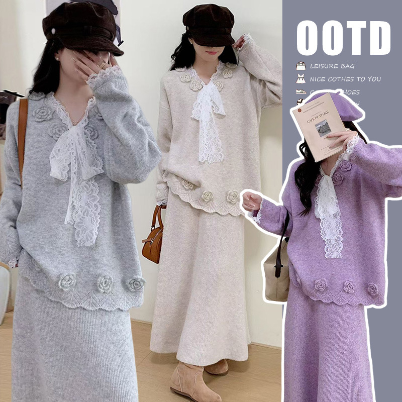 Real Shot of the Elegant 2025 New Relaxed Knitted Suit Stereo Flower Lace-Up Sweater and Skirt Two-Piece Set