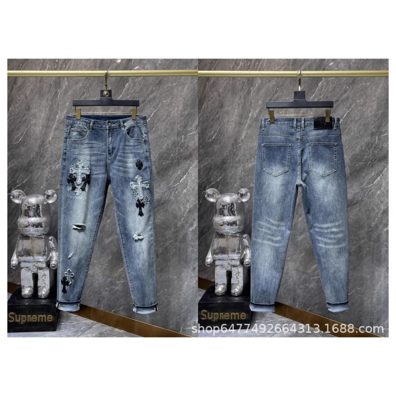 Cross-Border Trendy Brand Correct Version Croch American High-Weight Denim Fabric Leather Washed Jeans Wholesale