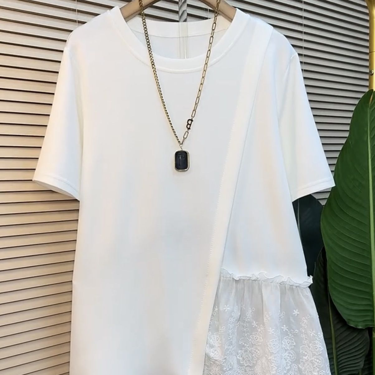 Gran tamaño gordo mm encaje cosido camiseta de manga corta mujer irregular verano 2025 nuevo suelto delgado blusa de cobertura image 6