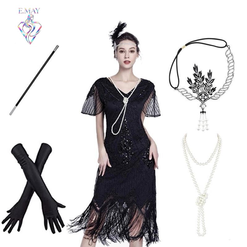 1920S Retro Gatsby S-4Xl Tassel Dress Sequined Cocktail Party Evening Dress Set Dropshipping