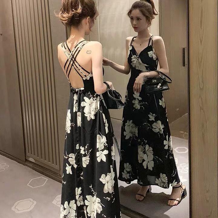 2026 New Korean Style Mid-Length Printed Backless Sexy Spaghetti Strap Dress for Women, Vacation Maxi Beach Dress