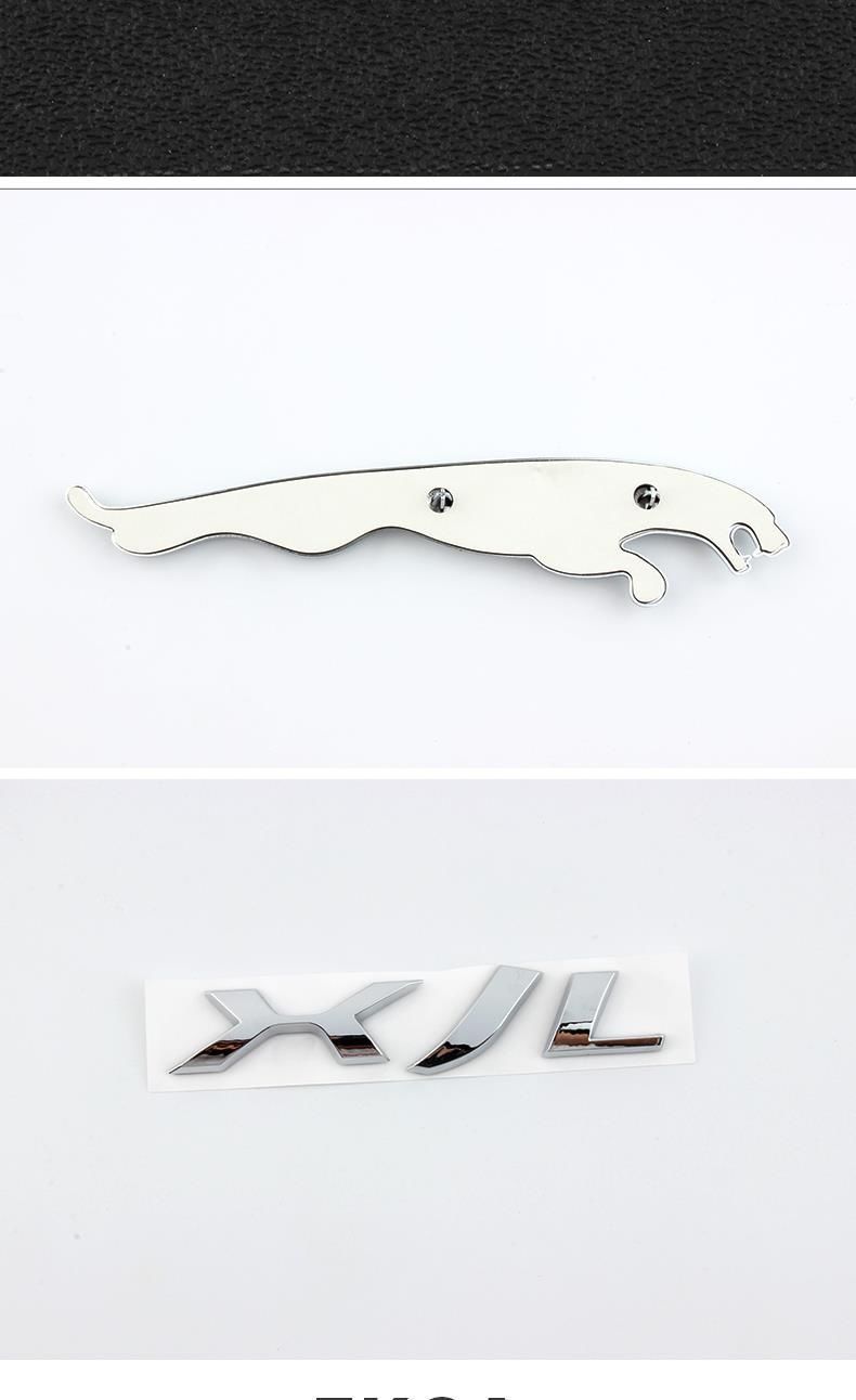 Jaguar car emblem lettering: XE, XF, XJL, F-PACE, V6 3.0, V8 5.0, rear emblem, engine displacement