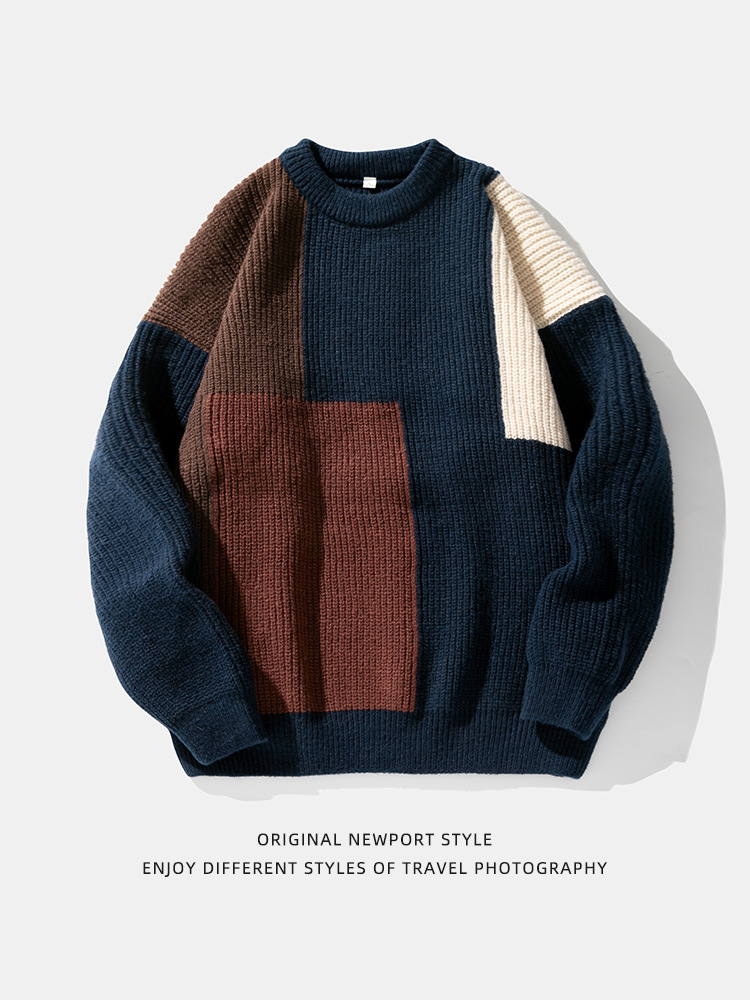 Suéter de punto con diseño de bloques de color y patchwork, estilo nuevo de otoño e invierno 2024, textura de punto grueso, suéter con cuello redondo, chaqueta q