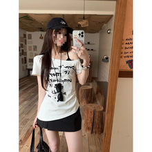 Rj3纯棉斜领短袖T恤女装夏季辣妹风修身显瘦不规则设计感露肩上衣