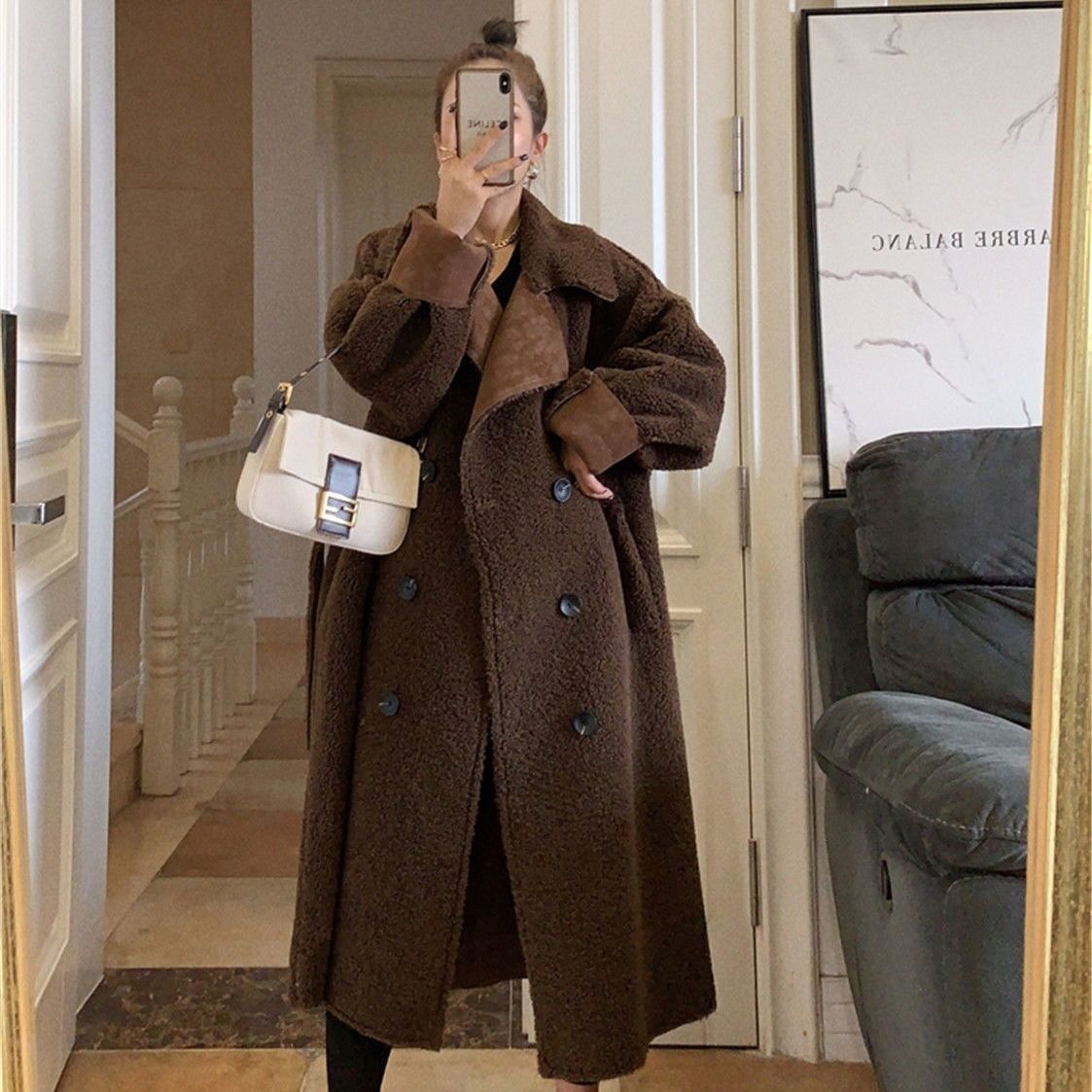 (2개) 양고기 모피 원피스 코트 여자 2024 WINTER VINTAGE LOOSE ALL-MATCH 두꺼운 중간 길이의 모피 코트
