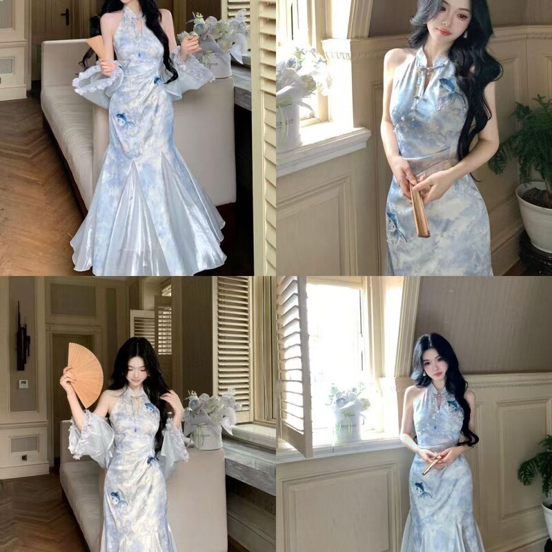 2026 Spring/Summer New Style: Elegant and Cool-Composed Improved Qipao with New Chinese Style Gradient Print and Shimmering Tulle Mermaid Skirt Set