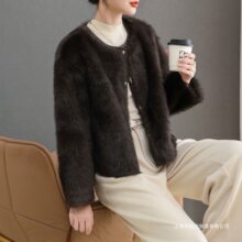 水貂绒皮草长毛外套女开衫短款卡腰显高羊毛衫披肩2025新款秋圆领