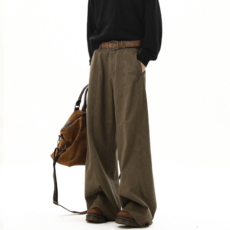 2025 New Brown Lazy Denim Pants Men's Spring and Autumn American Loose Straight Wide Leg Pants Relaxed Casual
