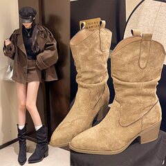 中筒靴美粗跟尖头2025堆堆褶皱秋拉德靴女绒面骑士靴显瘦新款复古