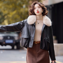 加绒皮衣短外套女秋冬新款小个子狐狸毛领保暖宽松绵羊皮夹克上衣