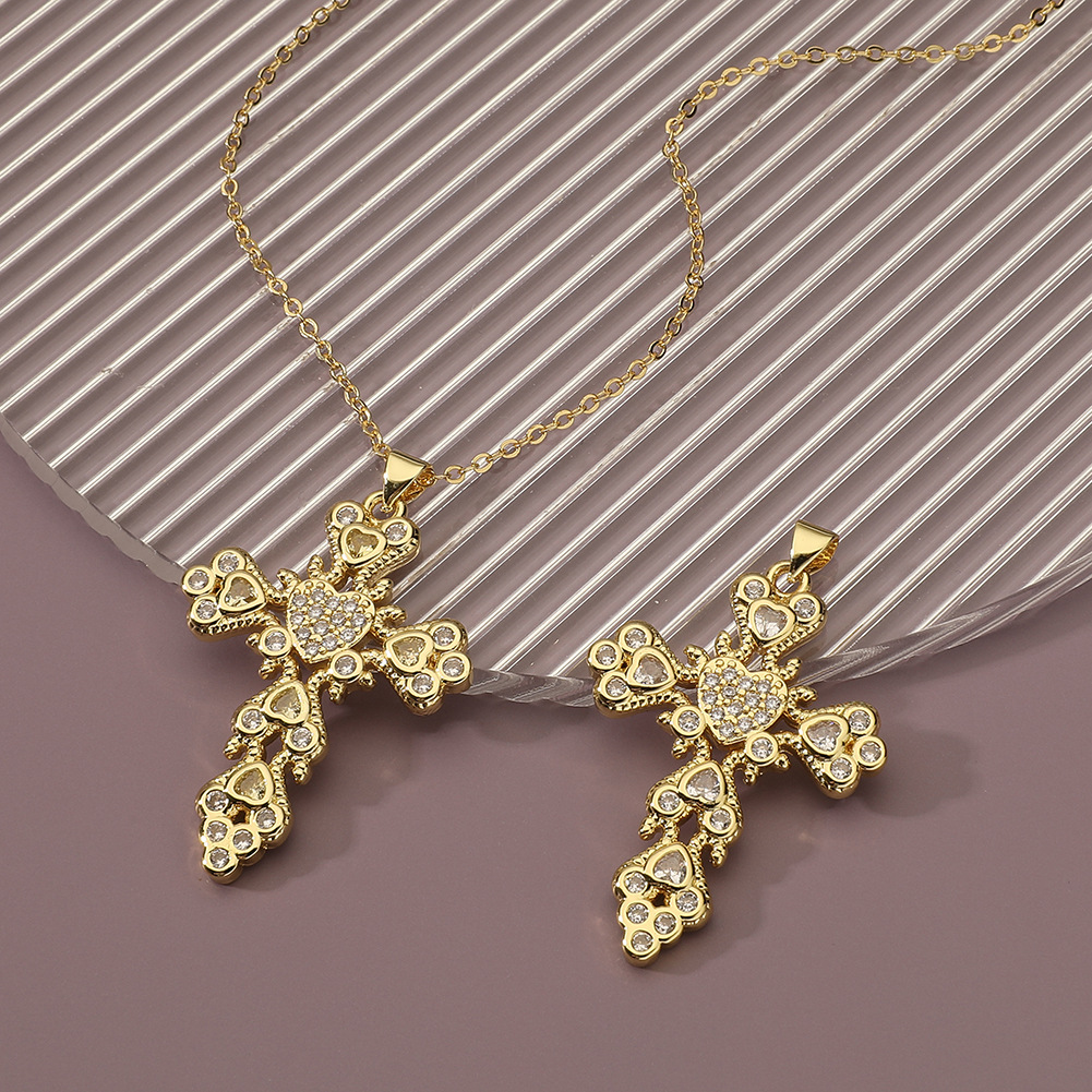 Retro Cross Copper Plating Inlay Zircon Pendant Necklace display picture 4