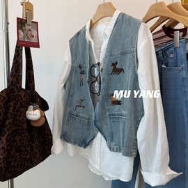 MUYANG 重工收藏版！自留 刺绣图案 水洗牛仔马甲 松弛牛仔坎肩