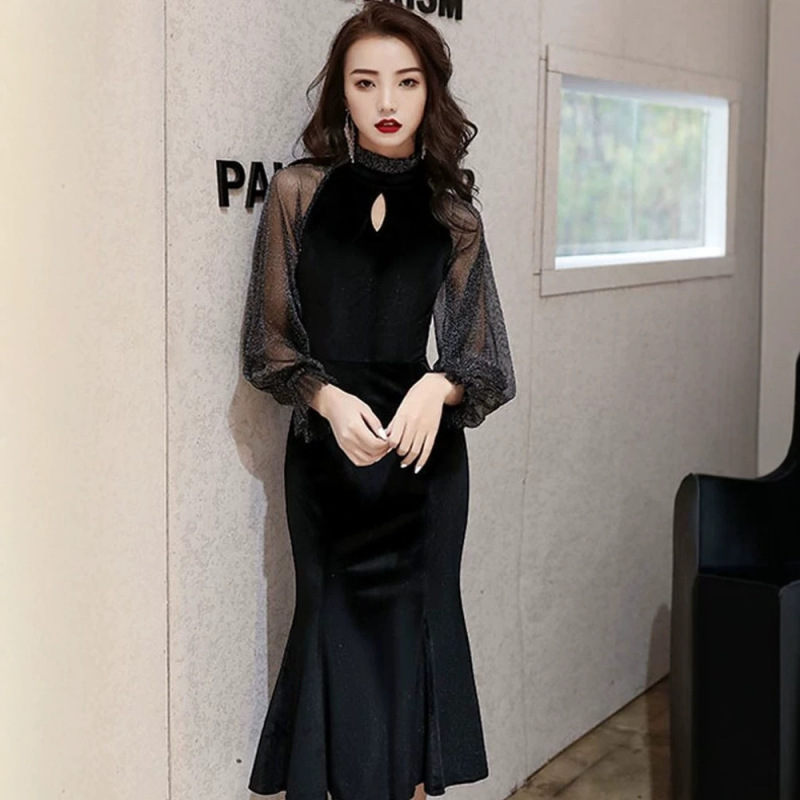 Evening Dress Women's Banquet Elegant Elegant Fishtail Gold Velvet Mesh Long Sleeve Host Annual Meeting Mid-Long dress Evening Dress Women's Banquet Elegant Elegant Fishtail Gold Velvet Mesh Long Sleeve Host Annual Meeting Mid-Long dress