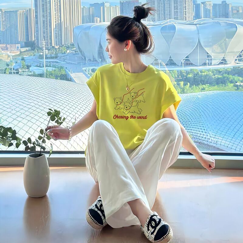 2025夏季宽松蝙蝠袖短袖t恤女美式宽松多巴胺甜酷圆领小飞袖上衣|undefined