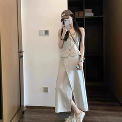 韓国の夏服、女性用の小さなユニークで美しいアプリコットのコットンとリネンのベストとスカートのツーピーススーツの完全なセット