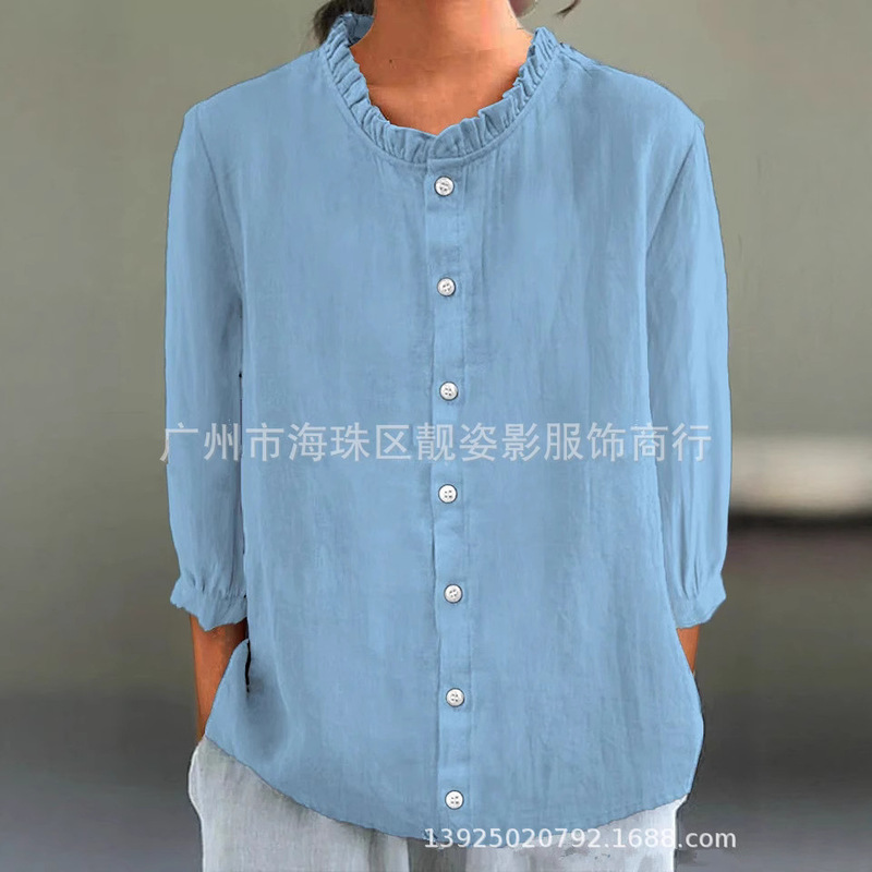 Cross-border foreign trade 2025 autumn new plus size nine-point sleeve lace collar single-breasted casual solid color cotton and linen shirt for women