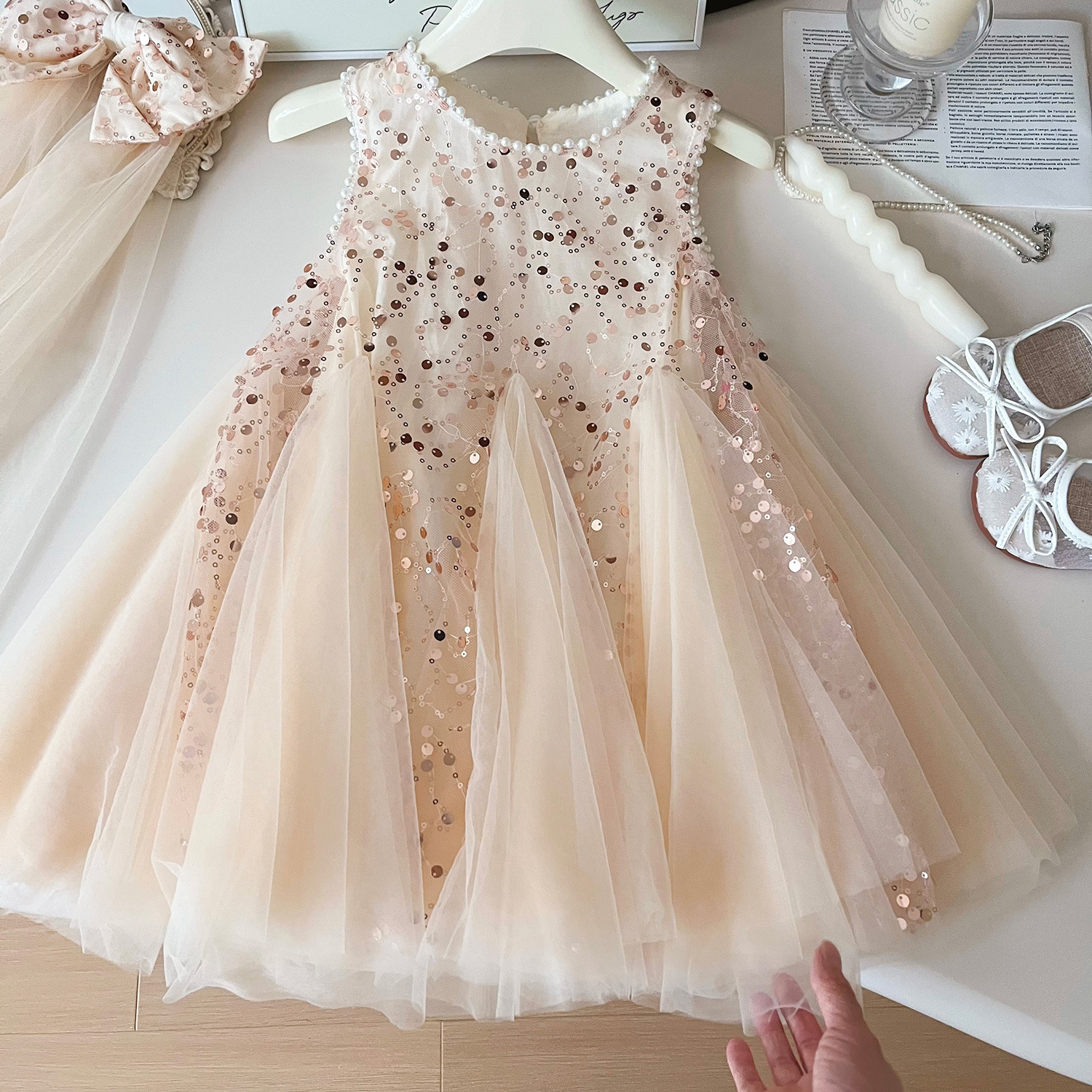Robe de princesse en maille à paillettes pour filles, nouvelle version coréenne de l'été 2024, sans manches, 24329_voghion.com