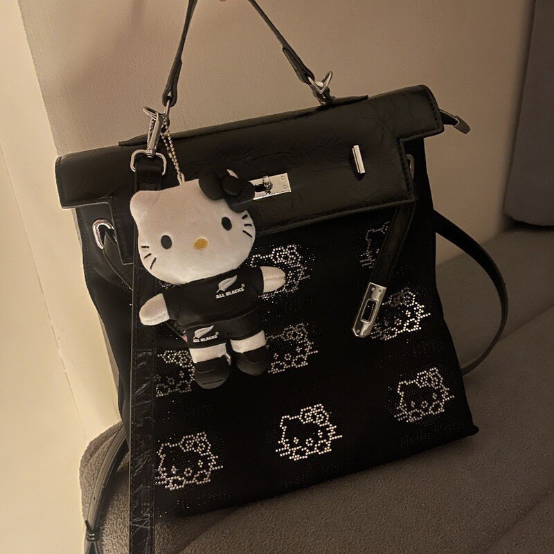 Hot Drilling Hello Kitty Kelly Backpack Crossbody Oxford Cloth Backpack Women's Black Backpack Women's Stitching