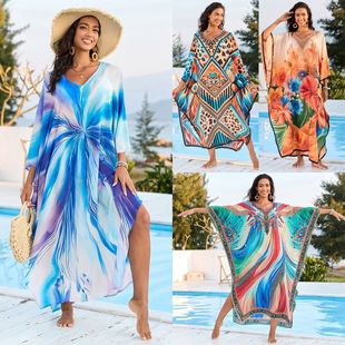2025 New European and American Printed Beach Cover-Up Loose Large Size Vacation Sun Protection Shirt Bikini Outer Cover-Up Cross-Border