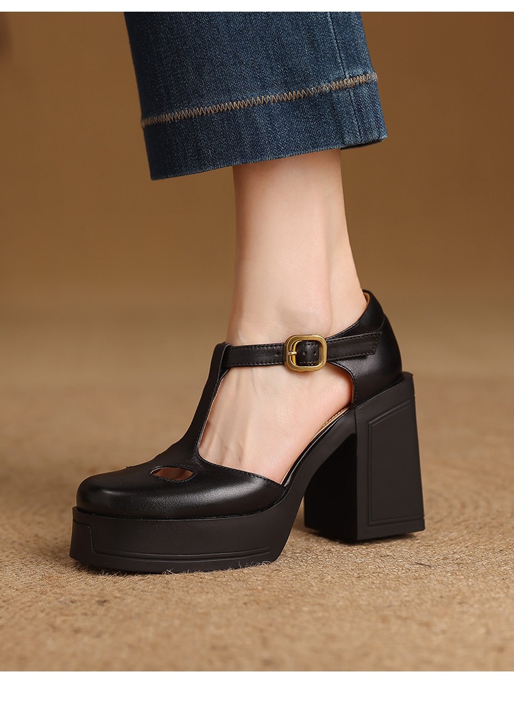 Sandal nữ đế xuồng platform gót vuông phong cách vintage khóa kim loại — màu nâu, màu đen chi tiết 5