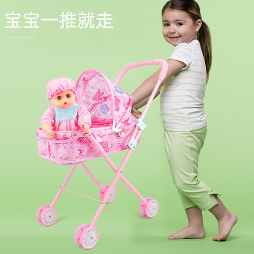 One piece drop shipping baby stroller toy mini simulation doll reinforced iron large stroller with canopy wholesale
