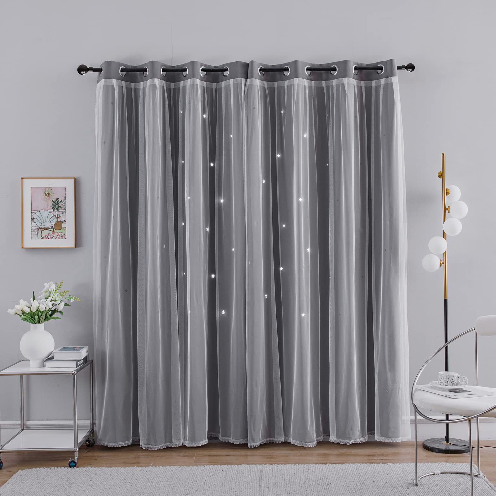 double layer curtains hollow star blackout rod punching short curtains_voghion.com