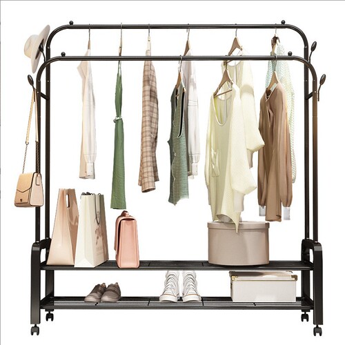 Simple coat rack double-pole clothes drying rack floor-standing indoor room clothes rack home bedroom clothes storage rack