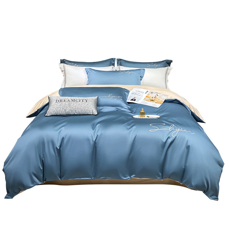 Ligero de lujo de alto nivel algodón de lana larga cuatro piezas de algodón bordado colcha cubierta sábanas de cama cama camisa