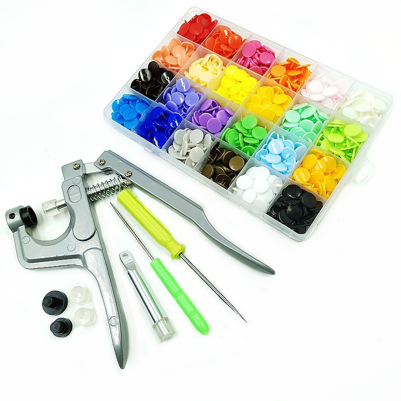 240 juegos de resina de plástico de cuatro cierre botón de plástico botón sin clavos botón hembra + herramientas de instalación pinzas de presión manual