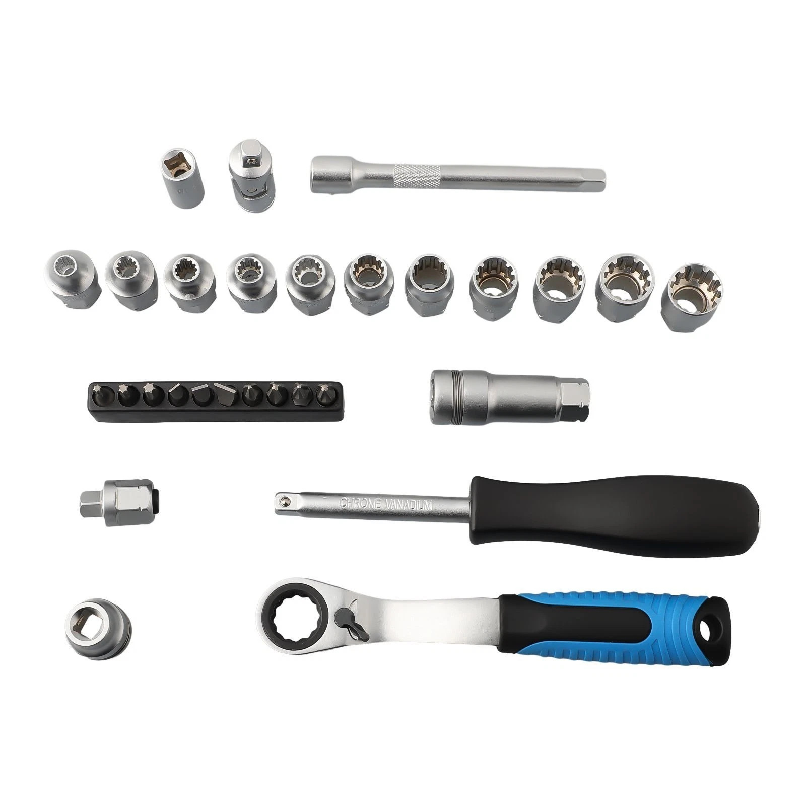 17-Piece Set of Multi-Functional Ratchet Sockets with Toothed Core Sockets, 12-Point Perforated Sockets, and Disassembly Tools