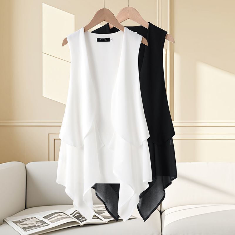 Chiffon Vest Women's Mid-Length Thin Summer Slimming Korean Style Sleeveless Fashion Vest Cardigan Waistcoat New Jacket