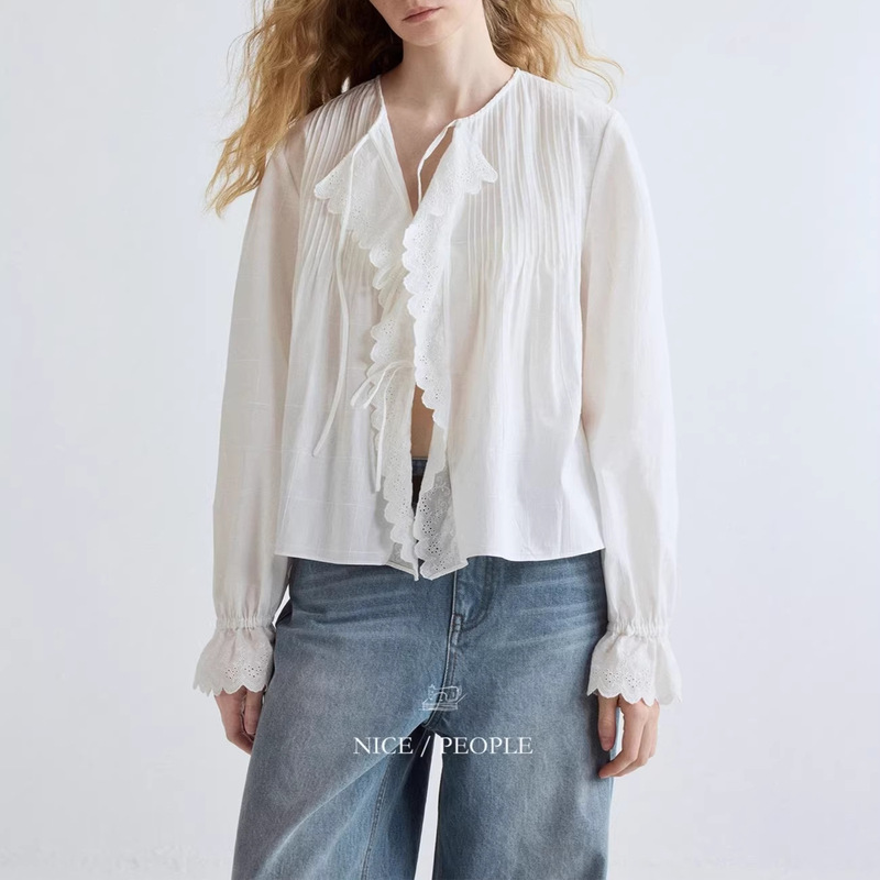 Nice Peope2026Ss French-Style Embroidered Lace Shoulder Tuck Relaxed Cotton Tie-Up Shirt
