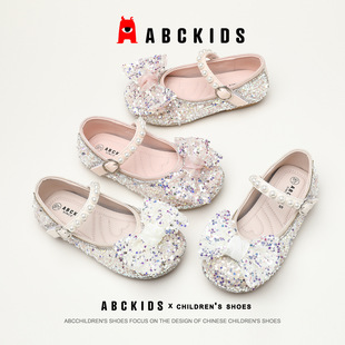 Abckids Bow Princess Shoes 2023 Summer New Round Toe Soft Sole Little Girl Leather Shoes Sequin Flats 2