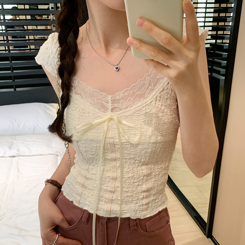 フランスのレースのギャルのキャミソールの女性の夏の新型vネックの鎖骨の小さい大衆の短いタイプは上着を着ます。|undefined