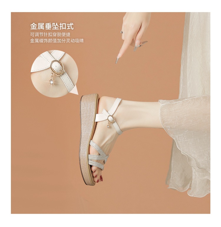 Sandal cao gót nữ đính đá phong cách La Mã, đế xuồng thoải mái — AY161 Trắng be chi tiết 7