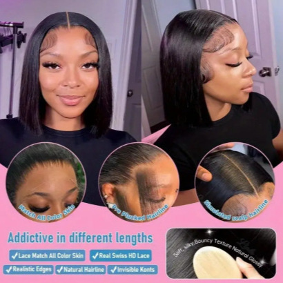 Cross-Border Temu Hot-Selling 13*4 High-Definition Transparent Short Straight Hair Front Lace Bob Wig Synthetic Fiber High-Temperature Silk Full Head Wig