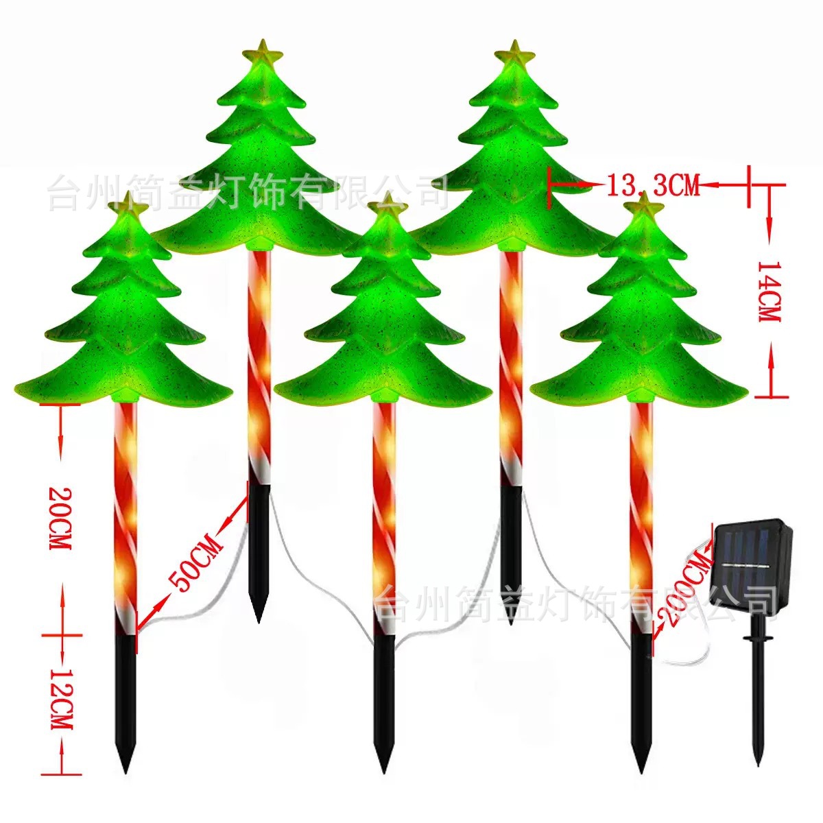 Un árbol de Navidad pintado con copos de nieve coloridos - tubo rojo - energía solar