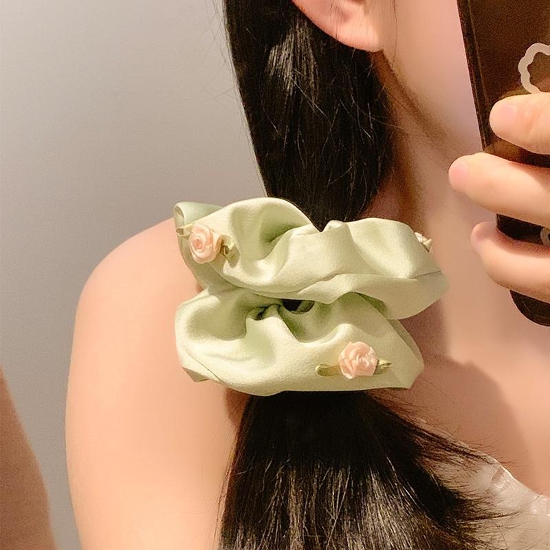 Flor dulce francesa collar de cabello de intestino femenino alta sensación coreana satén rosa cuerda de cabello cuerda de caballo baja tocado