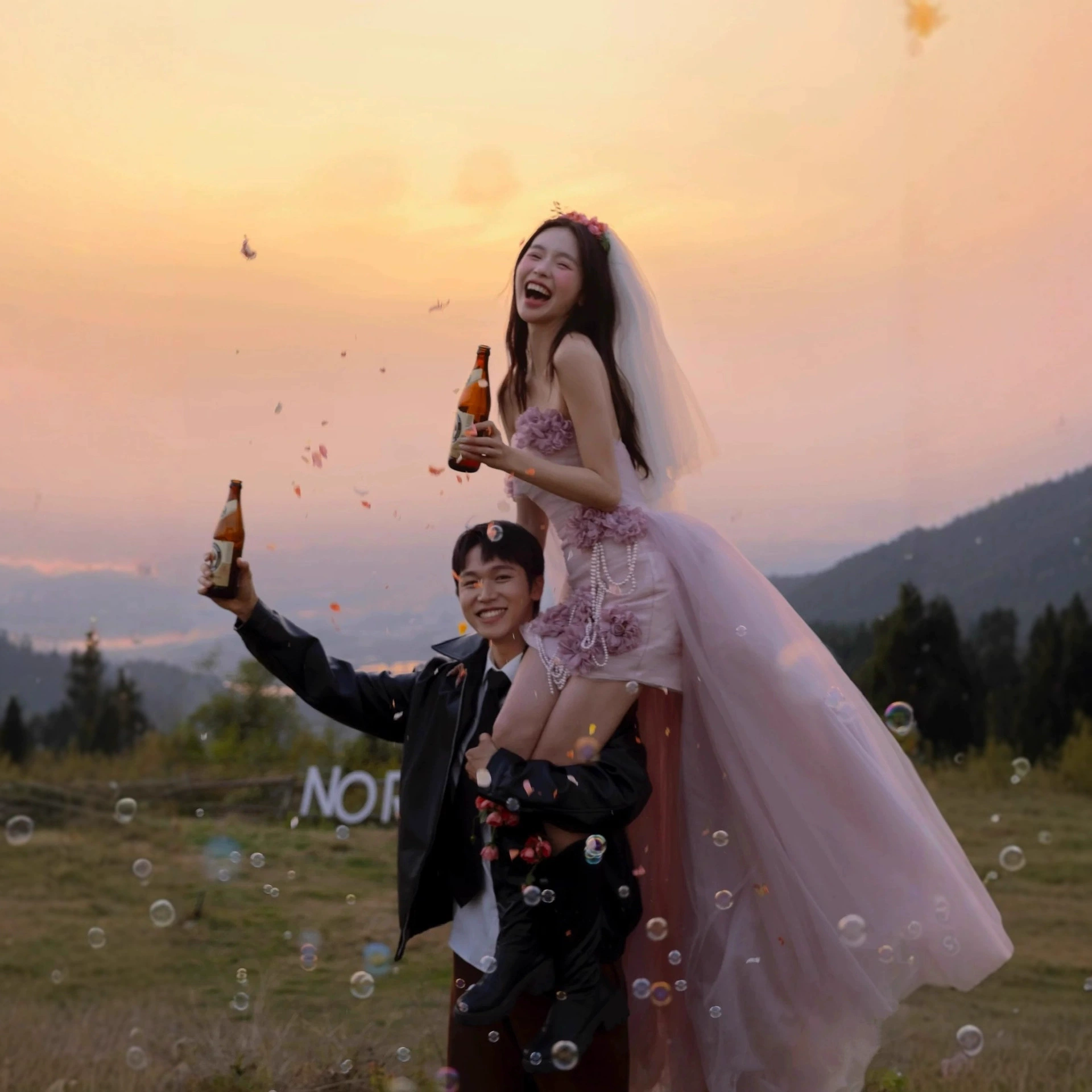 Wedding dress, fashionable tube top, flowered, Korean style, asymmetric cut